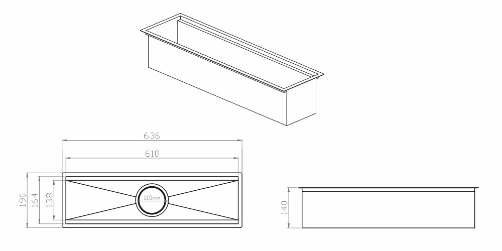 Canal Organizador Úmido Debacco 600 Inox em inox escovado, formato retangular embutido 60cm profundidade 14cm com ralo central visível