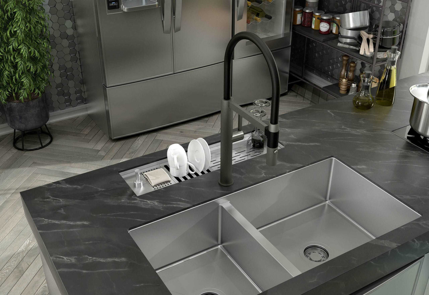 Canal Organizador Úmido Debacco 900 Inox em inox escovado embutido com tábua e escorredor ao lado de cuba dupla e torneira alta