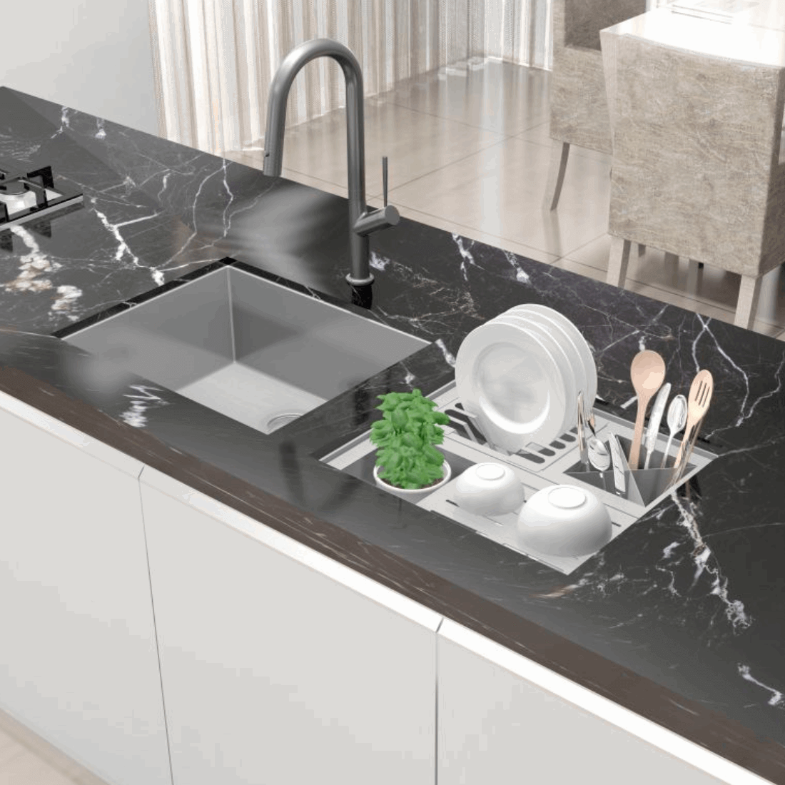 Canal Organizador Debacco Quadratino 450 Inox com acessórios em cozinha moderna com louças e utensílios.