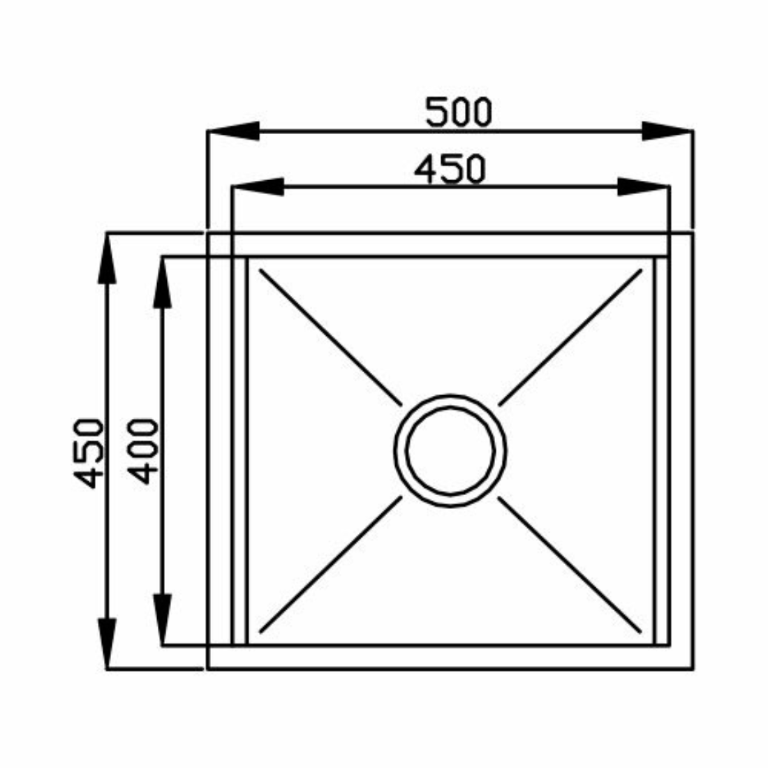 Desenho técnico do Canal Organizador Debacco Quadratino 450 Inox com medidas em milímetros.