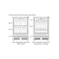 Cervejeira Cuisinart Arkton Inox 60cm - Abertura Esquerda mostrando capacidade interna: prateleiras ajustáveis e armazenamento para long necks e latas