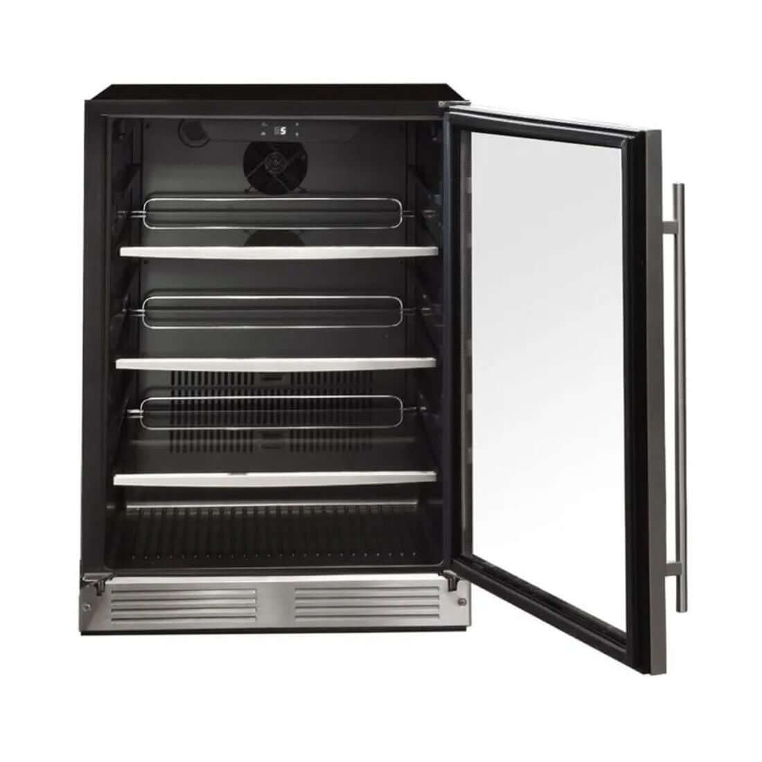 Cervejeira Cuisinart Arkton Inox 60cm - Abertura Direita: cervejeira porta de vidro de embutir com acabamento inox, prateleiras e iluminação interna