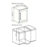 Cervejeira Cuisinart Arkton Inox 60cm - Abertura Esquerda: desenho técnico com medidas do produto e do nicho para embutir, porta de vidro e inox