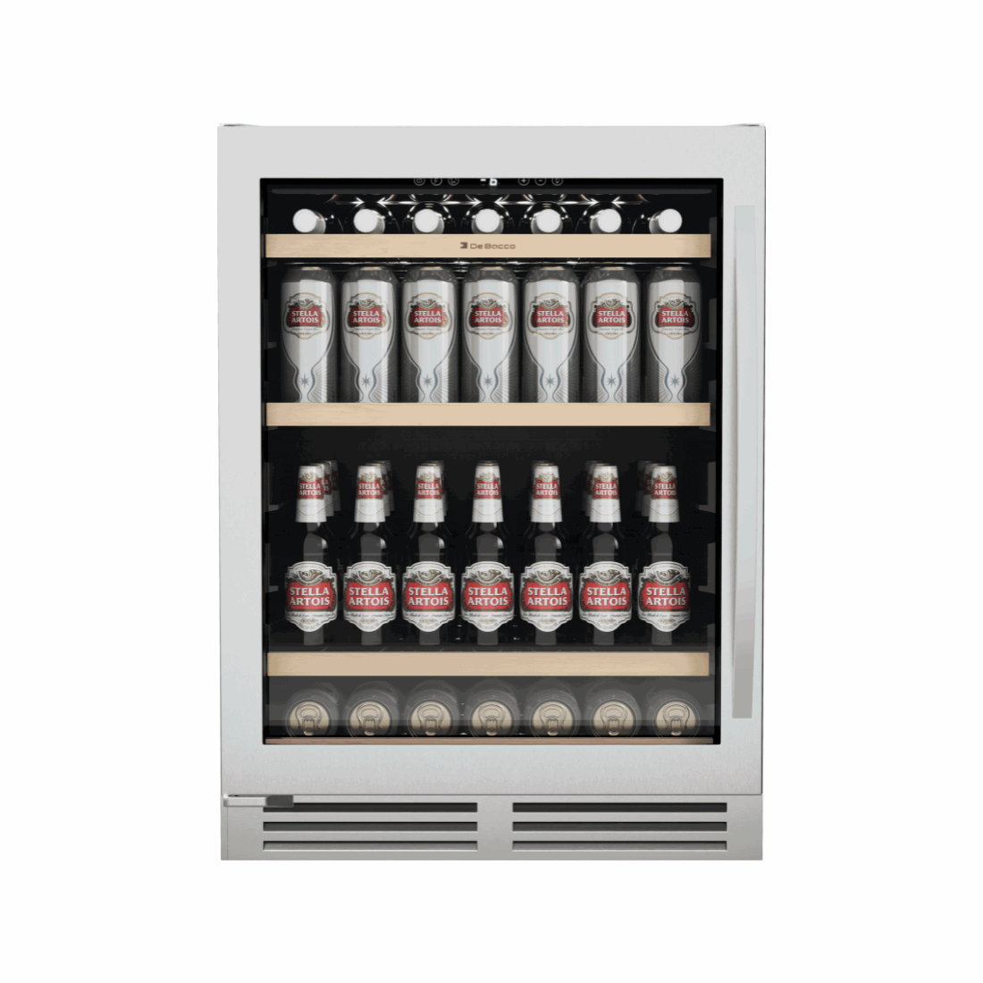 Cervejeira Debacco 145 Litros Inox 60cm - Abertura Esquerda exibindo acabamento inox, porta de vidro duplo, prateleiras em madeira e iluminação interna