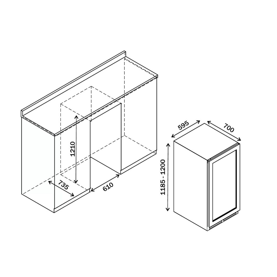 Cervejeira Debacco 265 Litros Inox 60cm -Abertura para Direita mostrando medidas técnicas para embutir, porta de vidro e espaço interno com prateleiras