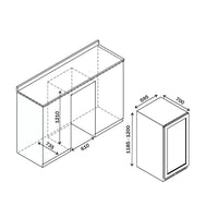 Cervejeira Debacco 265 Litros Inox 60cm -Abertura para Direita mostrando medidas técnicas para embutir, porta de vidro e espaço interno com prateleiras