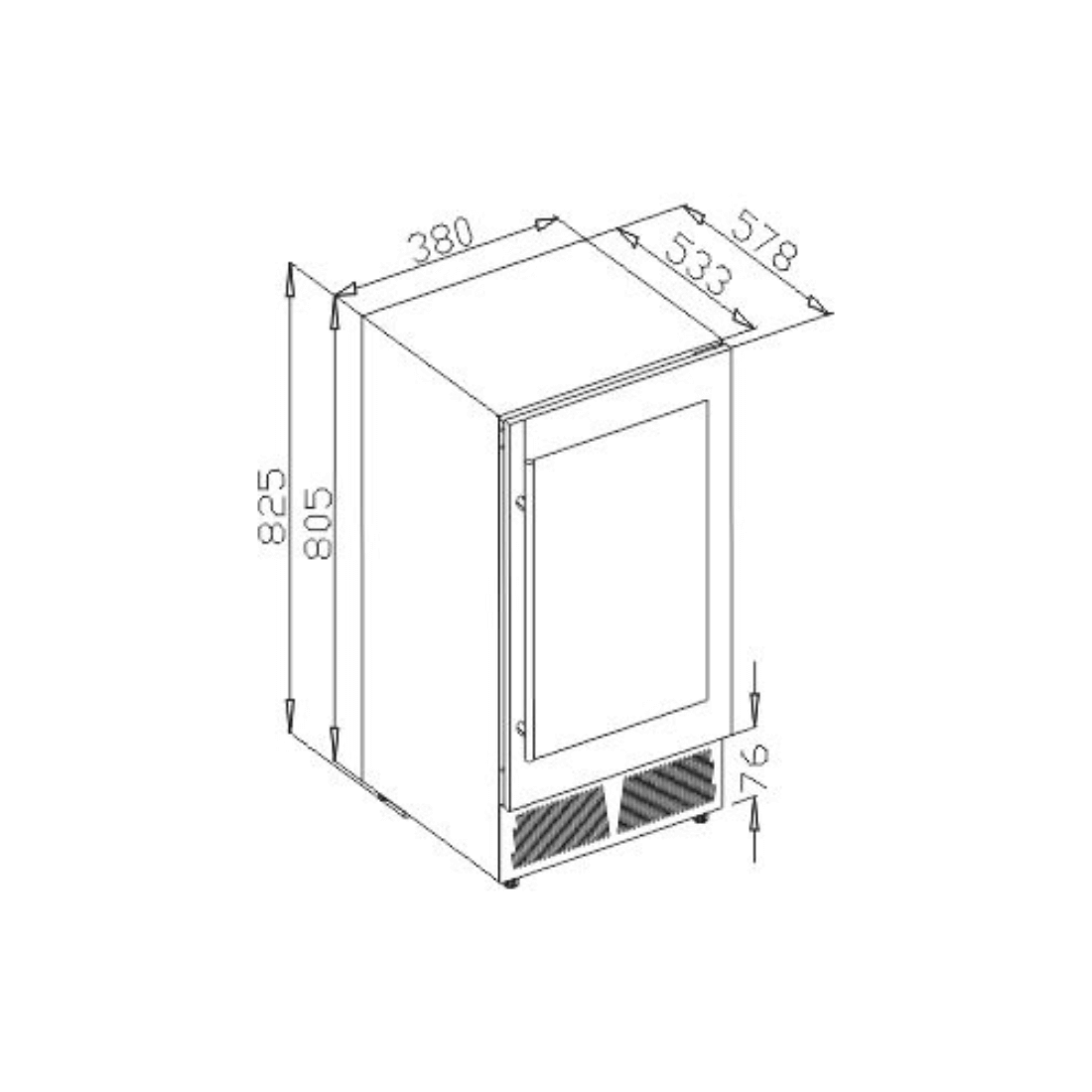 Cervejeira Debacco 85 Litros Inox 38cm - Abertura Direita, desenho técnico mostrando dimensões, porta de vidro e grade frontal para embutir