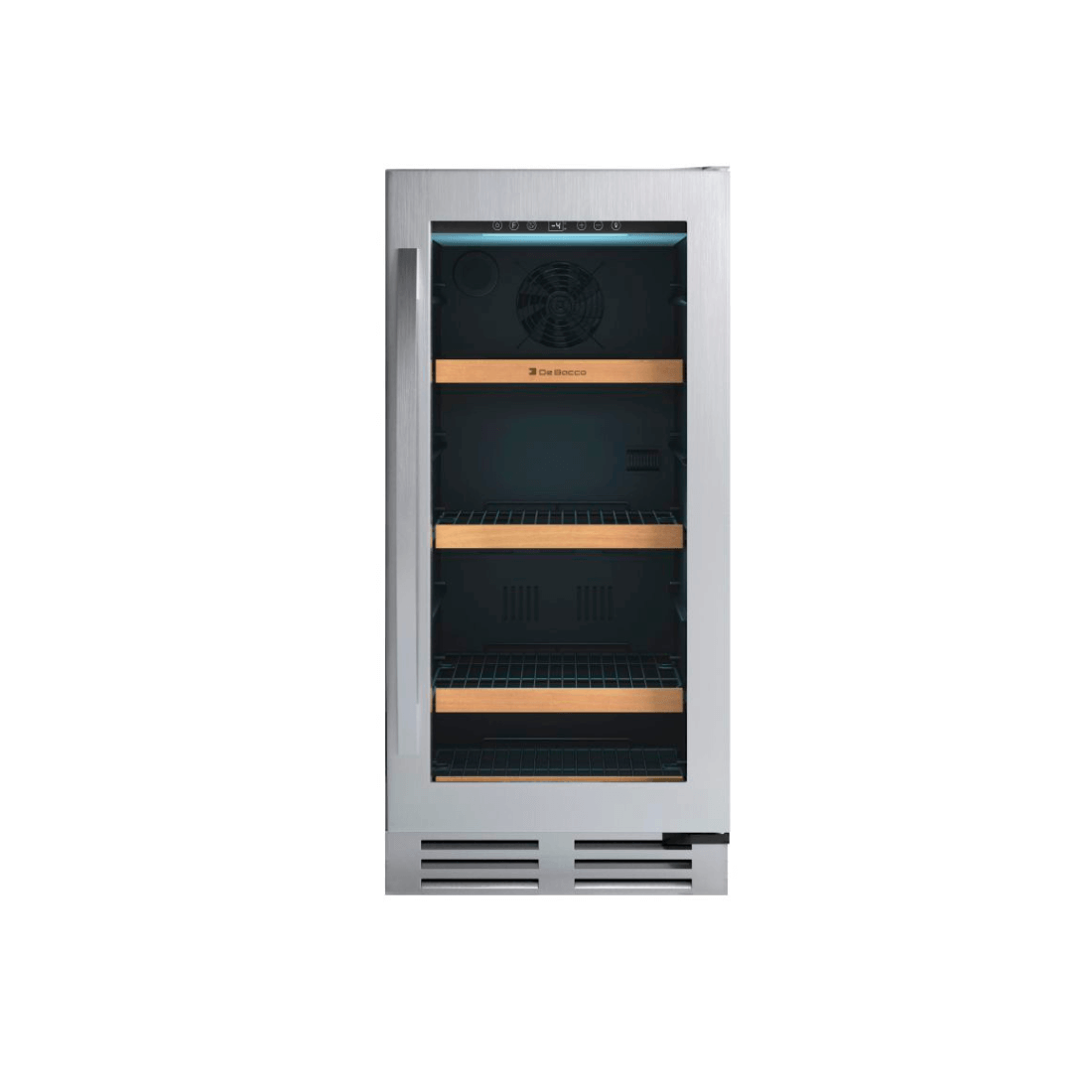 Cervejeira Debacco 85 Litros Inox 38cm - Abertura Direita: beer center inox com porta de vidro duplo, prateleiras aramadas e acabamento madeira nobre