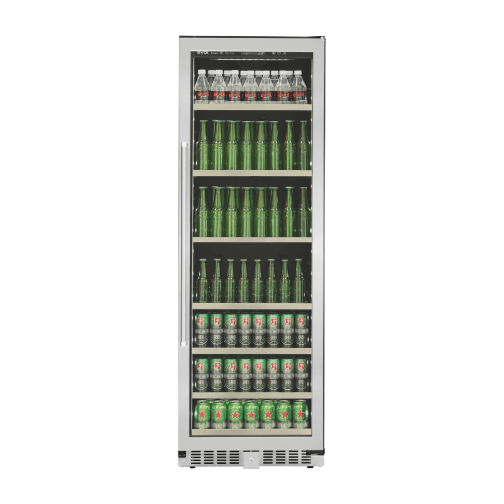 Cervejeira Evol Smart 425 Litros Inox 60cm - Abertura Direita: cervejeira de embutir inox com porta de vidro, prateleiras e iluminação interna