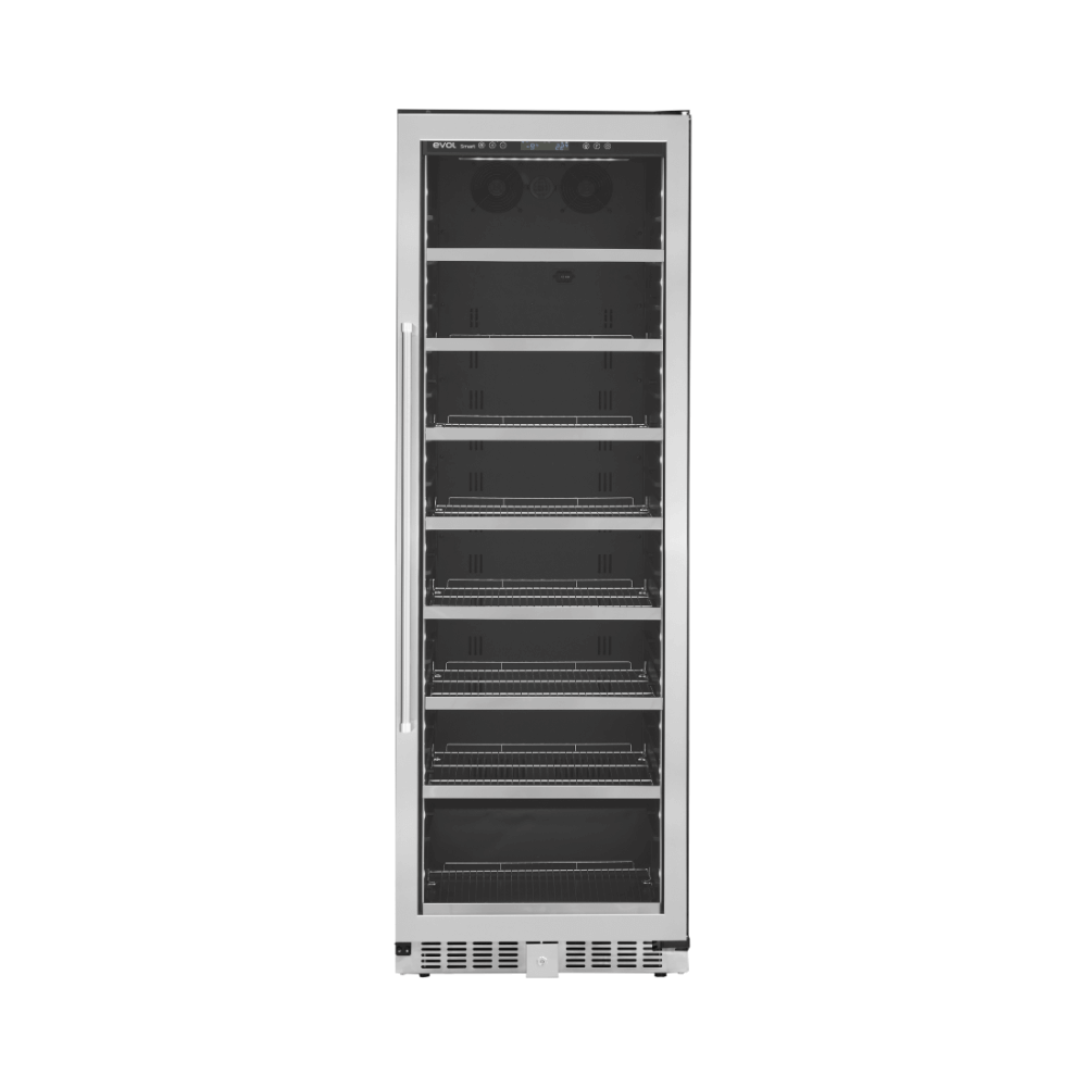 Cervejeira Evol Smart 425 Litros Inox 60cm - Abertura Direita: cervejeira inox de embutir com porta de vidro, prateleiras e iluminação interna