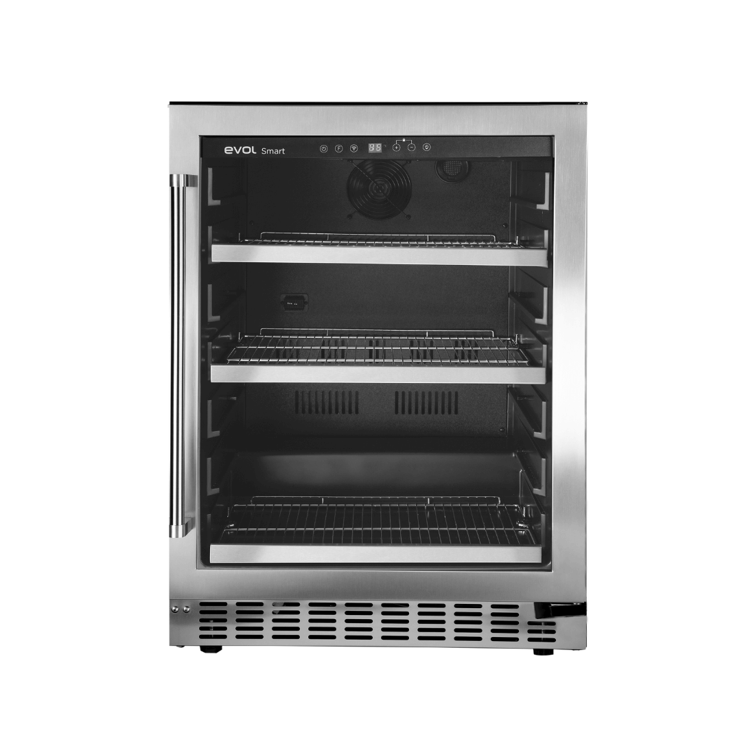 Cervejeira Evol Smart 135 Litros Inox 60cm - Abertura Direita com acabamento inox, porta de vidro, prateleiras cromadas e iluminação interna