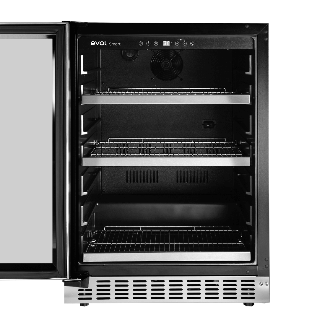 Cervejeira Evol Smart 135 Litros Inox 60cm - Abertura Esquerda mostrando interior inox, prateleiras aramadas, iluminação e porta de vidro para embutir