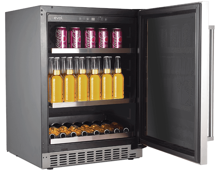 Cervejeira Evol Smart 135 Litros Inox 60cm - Abertura Direita: cervejeira de embutir inox com porta de vidro, prateleiras cromadas e iluminação interna