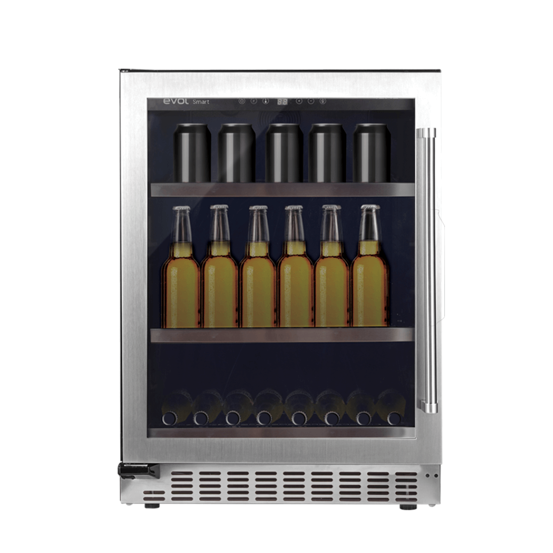 Cervejeira Evol Smart 135 Litros Inox 60cm - Abertura Esquerda com acabamento inox, porta de vidro, prateleiras internas e iluminação mostrando latas e garrafas