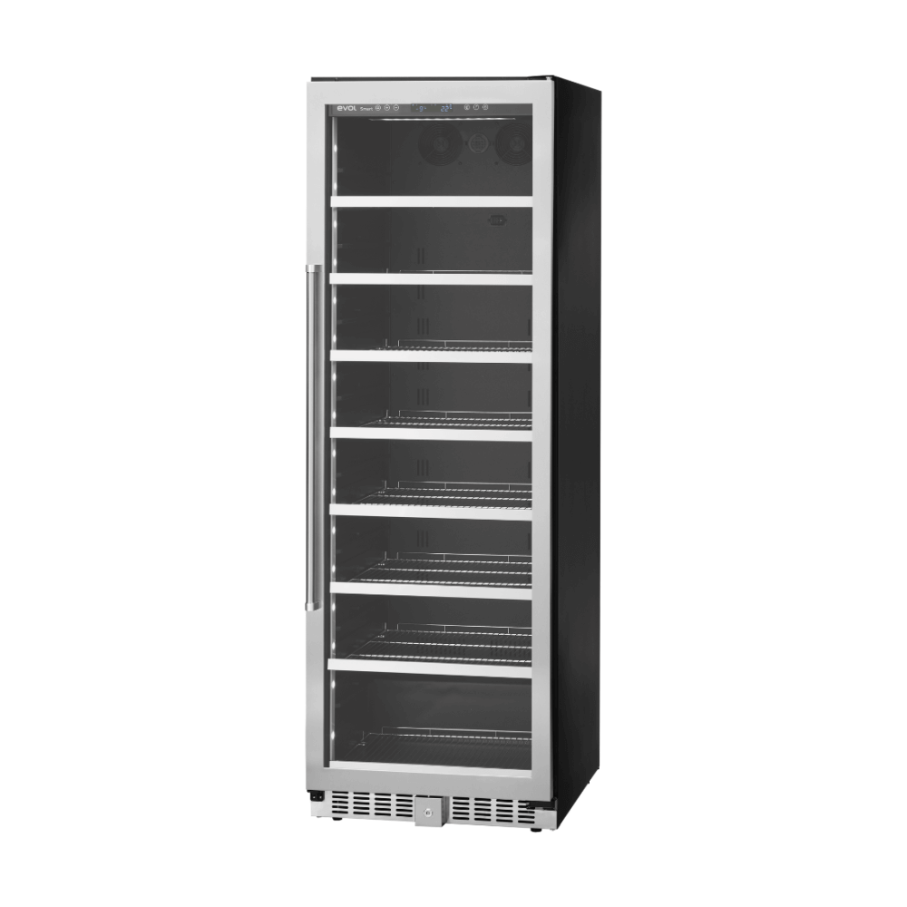 Cervejeira Evol Smart 425 Litros Inox 60cm - Abertura Direita: cervejeira de embutir inox com porta de vidro, prateleiras e iluminação interna
