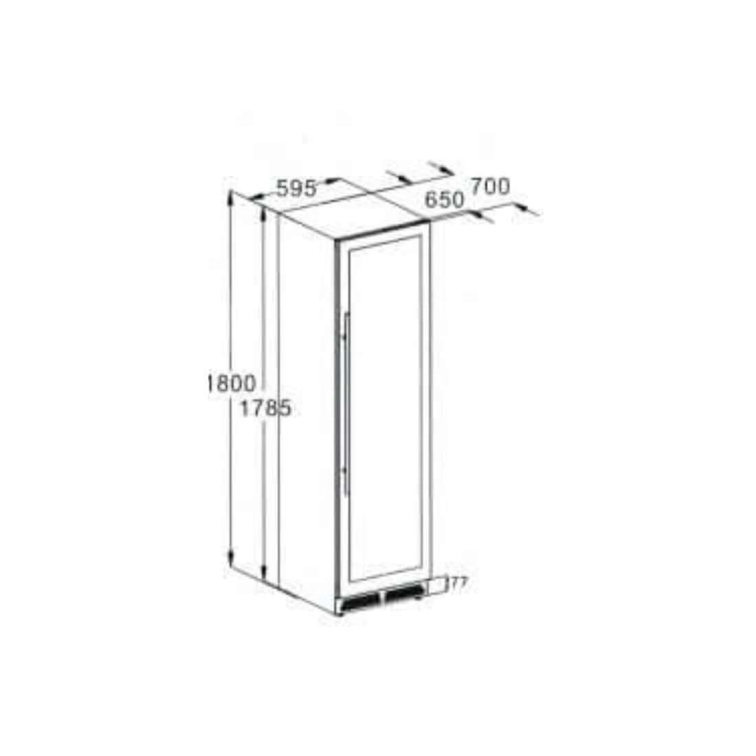 Cervejeira Evol Smart 425 Litros Inox 60cm - Abertura Direita mostrando desenho técnico com dimensões, porta única e espaço para embutir