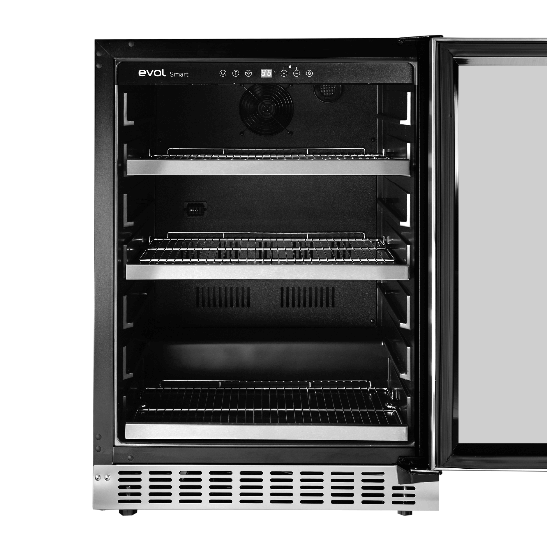 Cervejeira Evol Smart 135 Litros Inox 60cm - Abertura Direita: cervejeira inox com porta de vidro à direita, prateleiras cromadas e iluminação interna