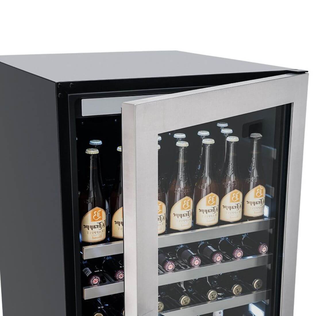 Cervejeira Tecno Vintage 433 Litros Inox 60cm - Abertura Direita: cervejeira inox com porta de vidro, prateleiras metálicas e iluminação interna