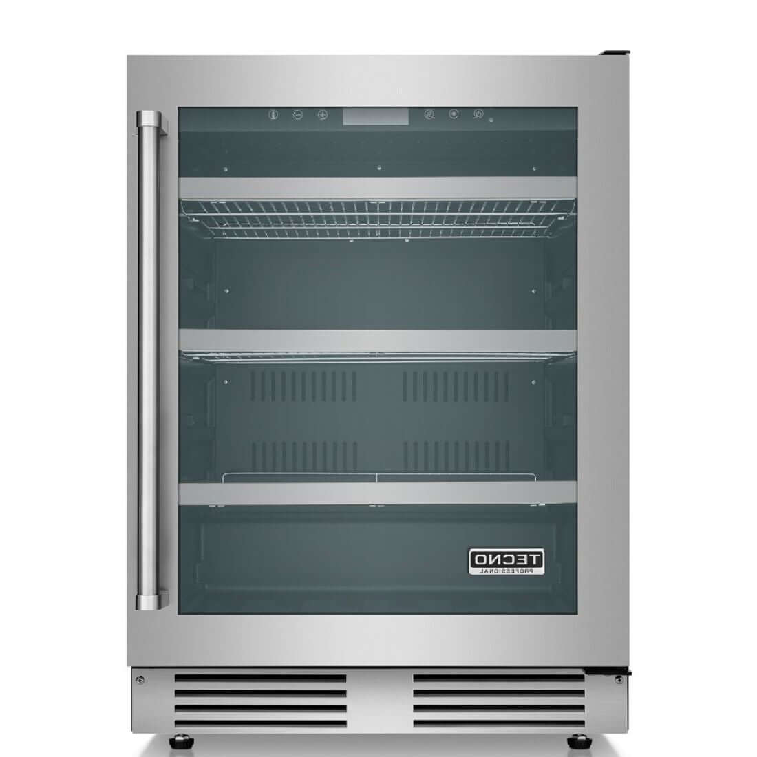 Cervejeira Tecno Professional 136 Litros Inox 60cm - Abertura Direita: cervejeira inox com porta de vidro, prateleiras reguláveis e design embutir