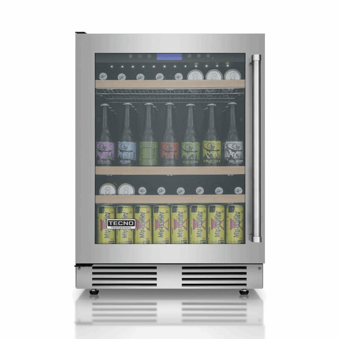 Cervejeira Tecno Professional 136 Litros Inox 60cm - Abertura Esquerda, cervejeira porta de vidro com acabamento inox, prateleiras em aço e iluminação interna