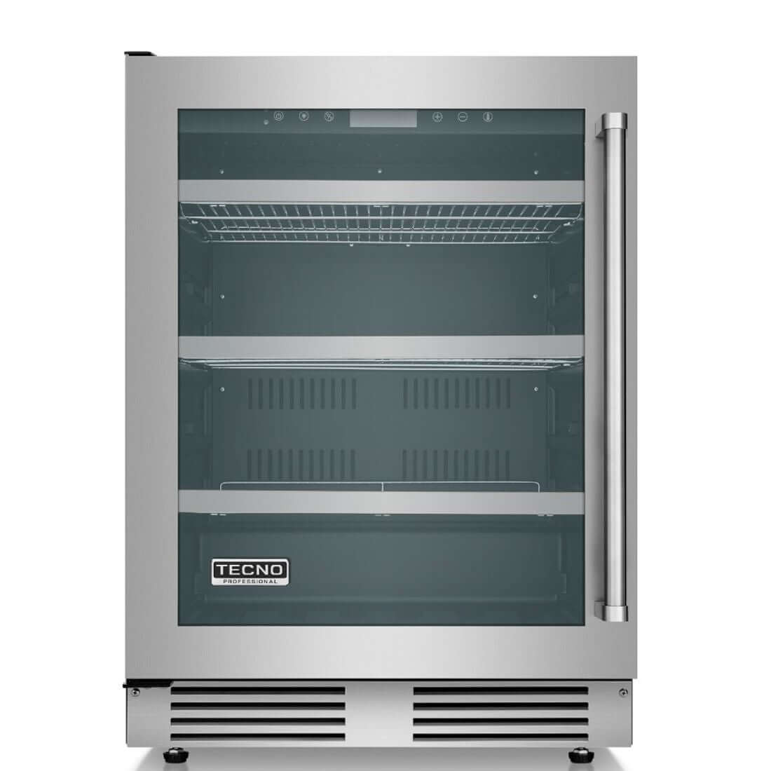 Cervejeira Tecno Professional 136 Litros Inox 60cm - Abertura Esquerda: cervejeira inox com porta de vidro, prateleiras ajustáveis e acabamento escovado