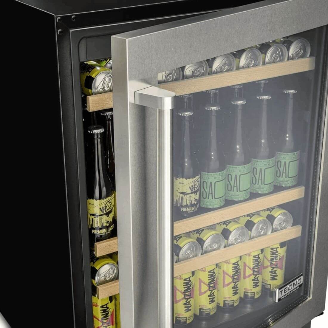 Cervejeira Tecno Professional 136 Litros Inox 60cm - Abertura Direita, beer center inox com porta de vidro, prateleiras em madeira e iluminação interna