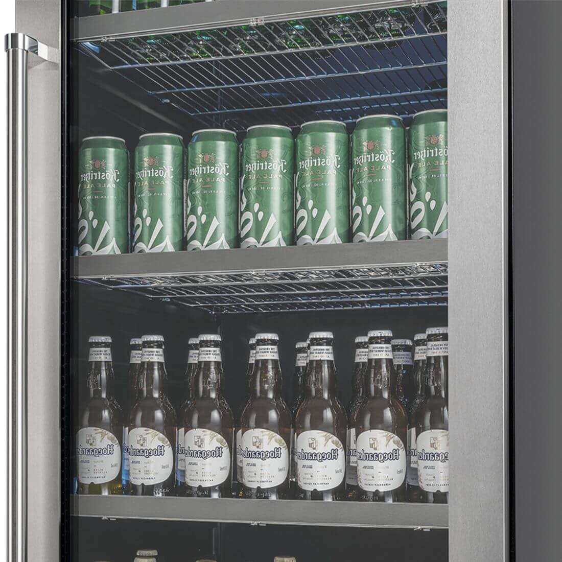 Cervejeira Tecno Professional 433 Litros Inox 60cm - Abertura Direita com porta de vidro, acabamento inox, prateleiras metálicas e iluminação interna
