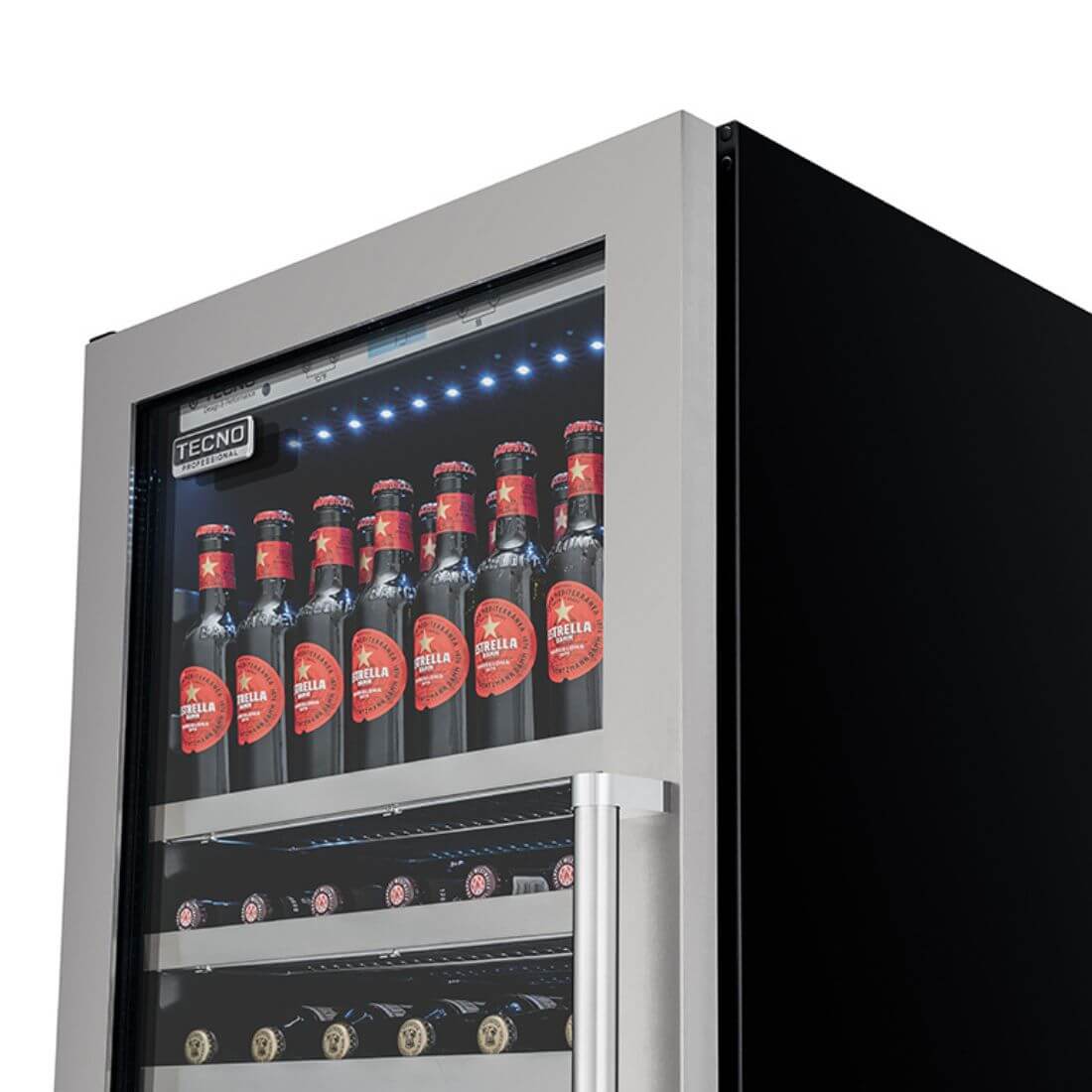 Cervejeira Tecno Professional 433 Litros Inox 60cm - Abertura Esquerda: beer center inox com porta de vidro, prateleiras cromadas e iluminação interna LED
