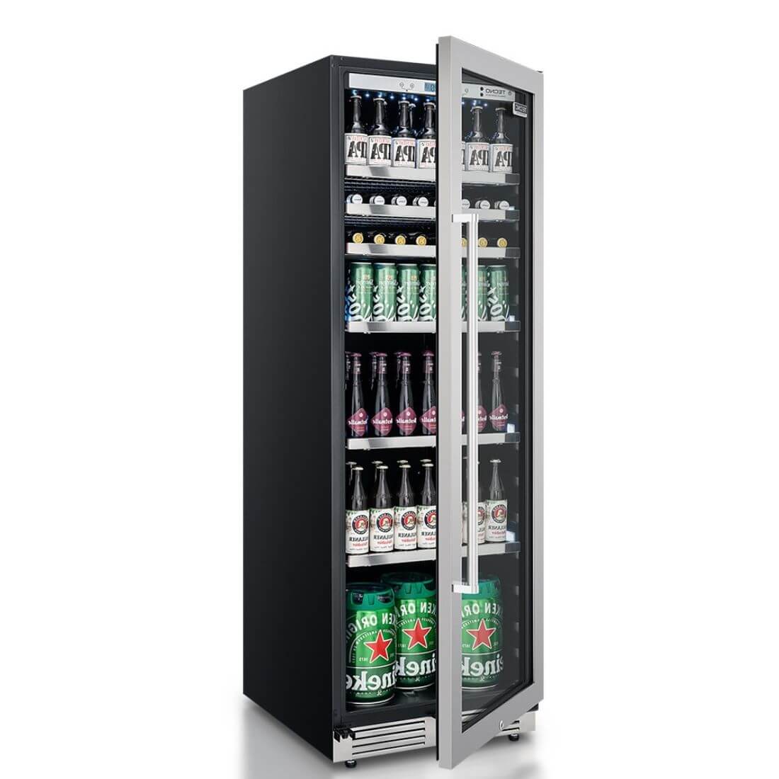 Cervejeira Tecno Professional 433 Litros Inox 60cm - Abertura Direita: cervejeira de piso preto com porta de vidro inox, prateleiras e iluminação interna