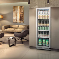 Cervejeira Tecno Professional 433 Litros Inox 60cm - Abertura Esquerda: beer center embutido inox com porta de vidro, prateleiras e iluminação interna