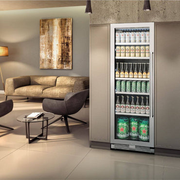 Cervejeira Tecno Professional 433 Litros Inox 60cm - Abertura Esquerda: beer center embutido inox com porta de vidro, prateleiras e iluminação interna