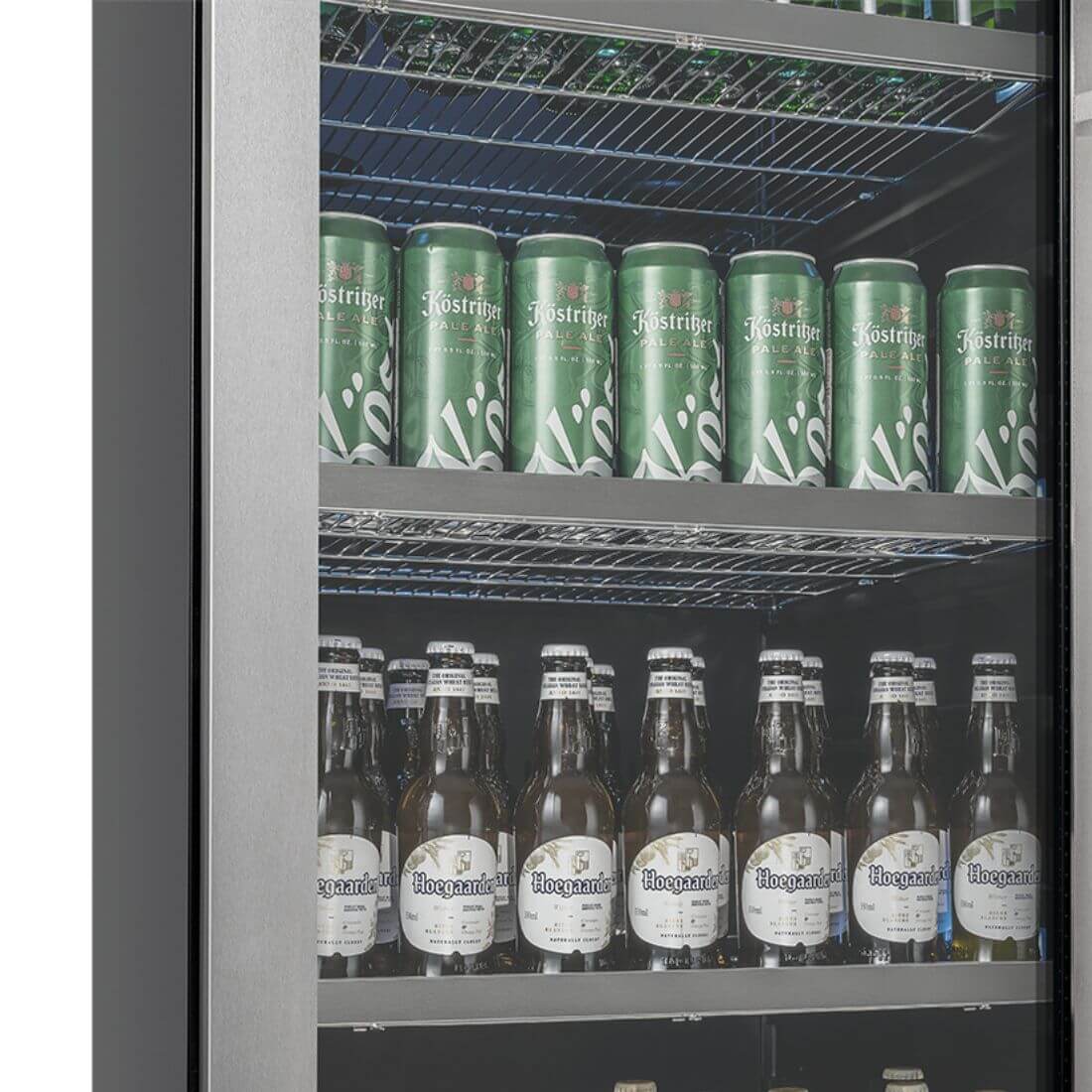 Cervejeira Tecno Professional 433 Litros Inox 60cm - Abertura Esquerda: beer center inox com porta de vidro, prateleiras aramadas e iluminação interna