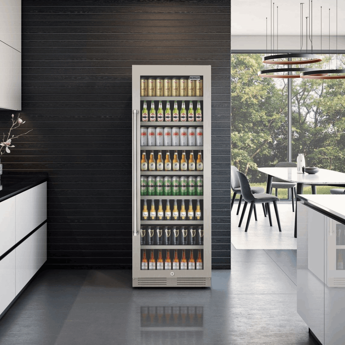 Cervejeira Tecno Professional 433 Litros Inox 60cm - Abertura Direita: beer center inox com porta de vidro, prateleiras e iluminação interna