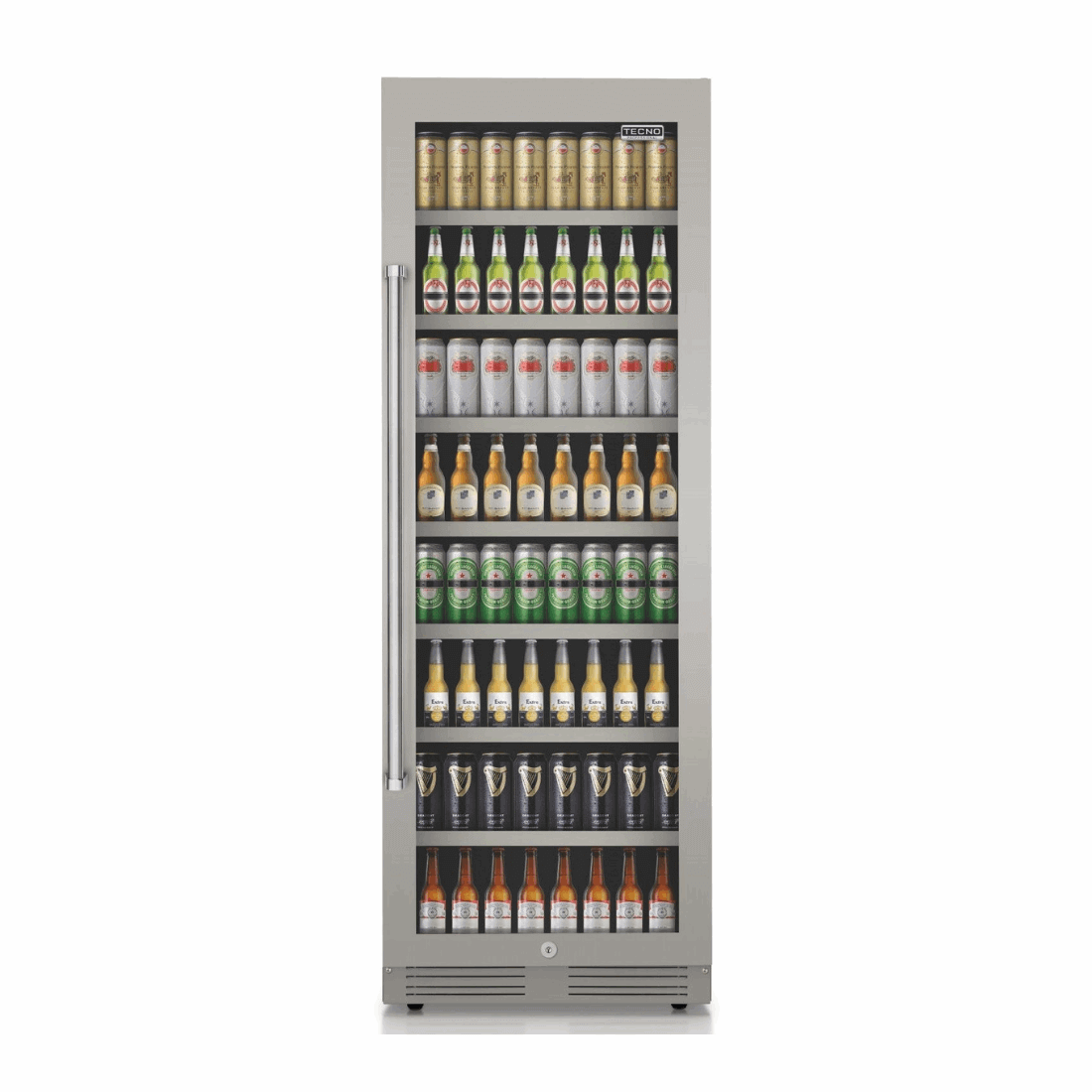 Cervejeira Tecno Professional 433 Litros Inox 60cm - Abertura Direita: beer center inox com porta de vidro, prateleiras com iluminação, design vertical