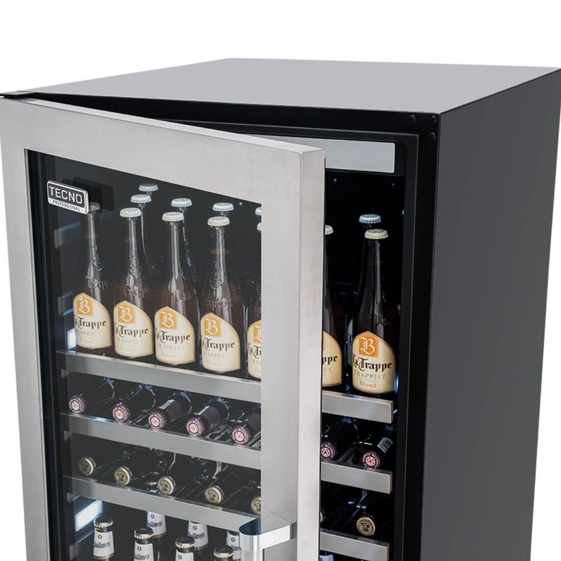 Cervejeira Tecno Professional 433 Litros Inox 60cm - Abertura Esquerda: cervejeira inox com porta de vidro, prateleiras metálicas e iluminação interna