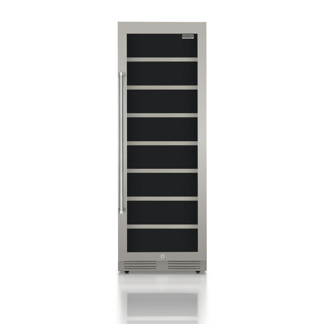 Cervejeira Tecno Professional 433 Litros Inox 60cm - Abertura Direita: cervejeira inox com porta de vidro, puxador lateral e prateleiras internas