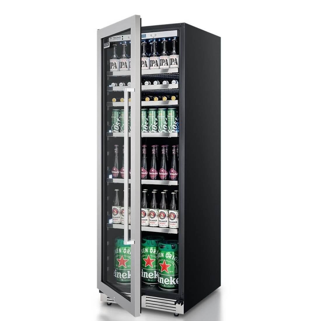 Cervejeira Tecno Professional 433 Litros Inox 60cm - Abertura Esquerda: beer center inox com porta de vidro, prateleiras e iluminação interna