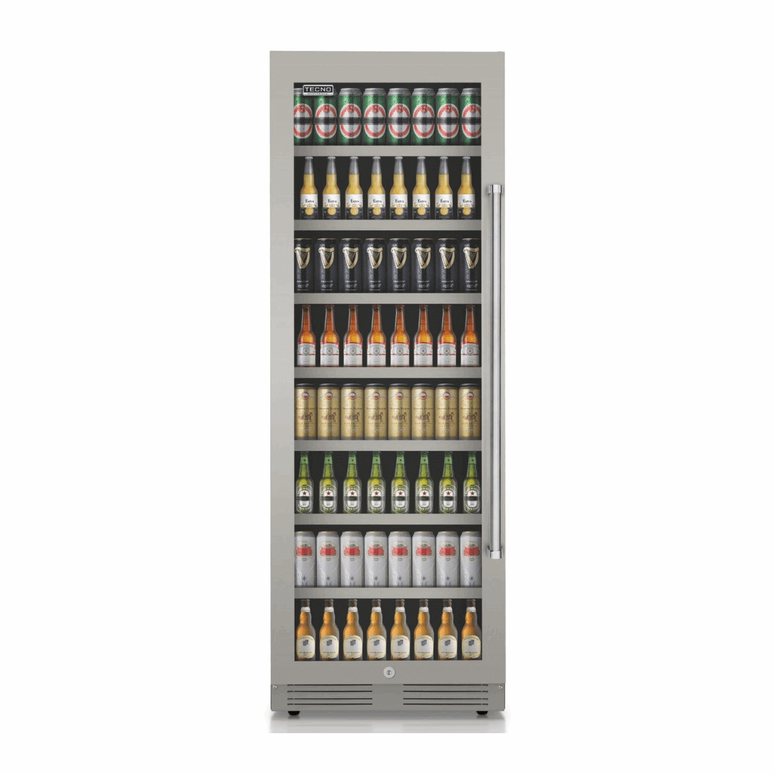 Cervejeira Tecno Professional 433 Litros Inox 60cm - Abertura Esquerda, beer center inox com porta de vidro, prateleiras e iluminação interna
