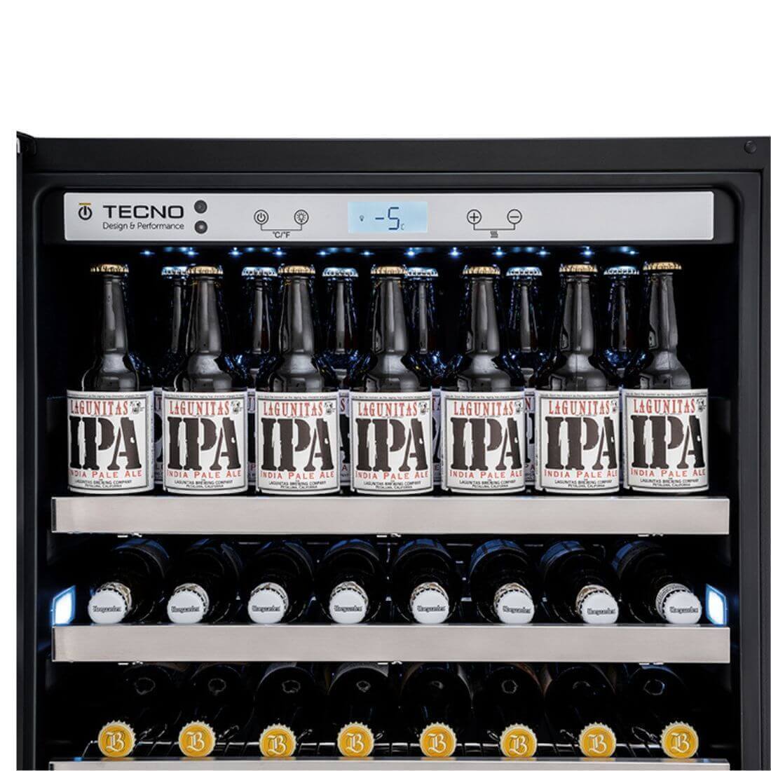 Cervejeira Tecno Professional 433 Litros Inox 60cm - Abertura Direita: cervejeira inox com porta de vidro, prateleiras metálicas e iluminação interna LED