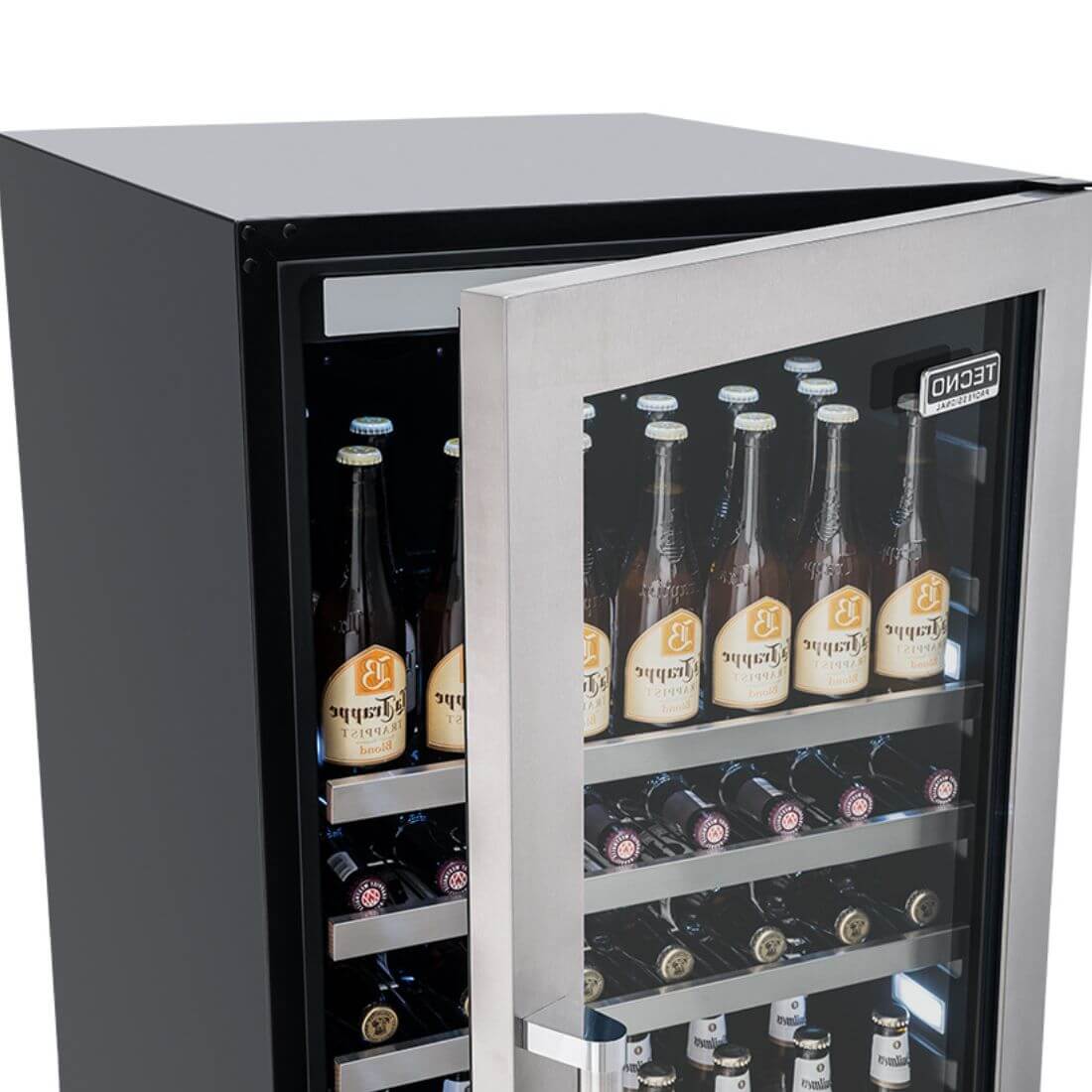 Cervejeira Tecno Professional 433 Litros Inox 60cm - Abertura Direita com acabamento inox, porta de vidro, prateleiras metálicas e iluminação interna