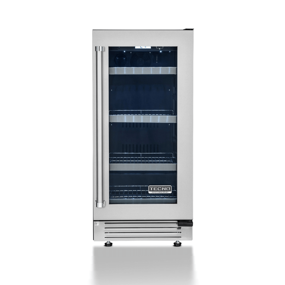 Cervejeira Tecno Professional 80 Litros Inox 38cm - Abertura Direita: cervejeira inox com porta de vidro, prateleiras em aço e iluminação interna