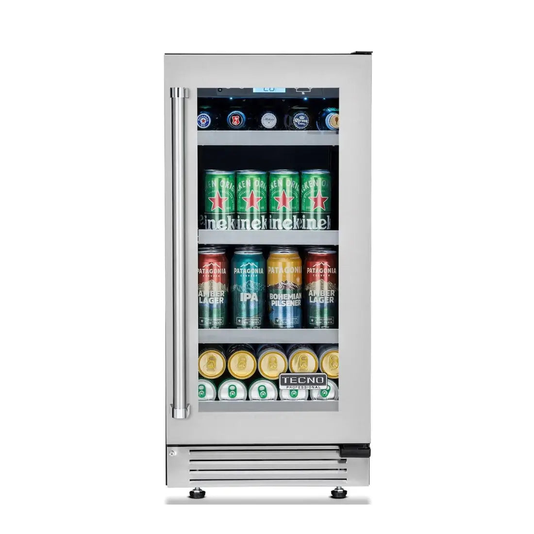 Cervejeira Tecno Professional 80 Litros Inox 38cm - Abertura Direita com porta de vidro, acabamento inox, prateleiras em aço e iluminação interna