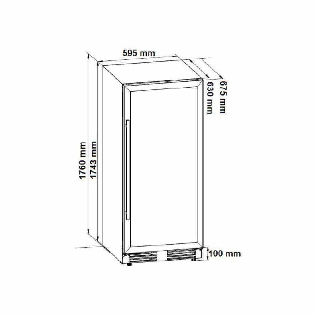 Cervejeira Tecno Professional 433 Litros Inox 60cm - Abertura Direita: desenho técnico com medidas frontais e laterais, porta reta e base de ventilação