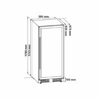 Cervejeira Tecno Professional 433 Litros Inox 60cm - Abertura Direita: desenho técnico com medidas frontais e laterais, porta reta e base de ventilação