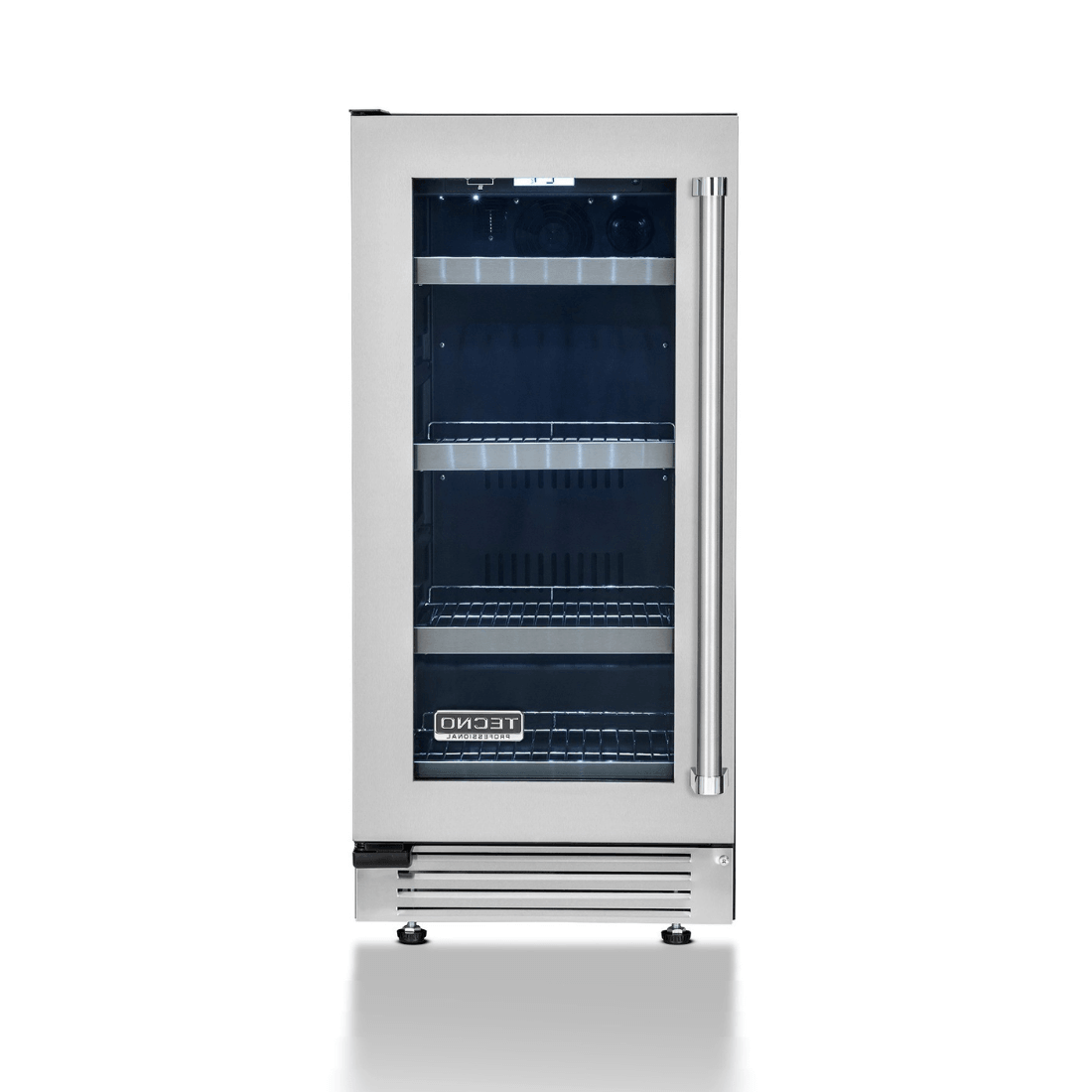 Cervejeira Tecno Professional inox 80 litros 38cm com porta de vidro e abertura esquerda, prateleiras internas e controle de -5 a 10 ºC