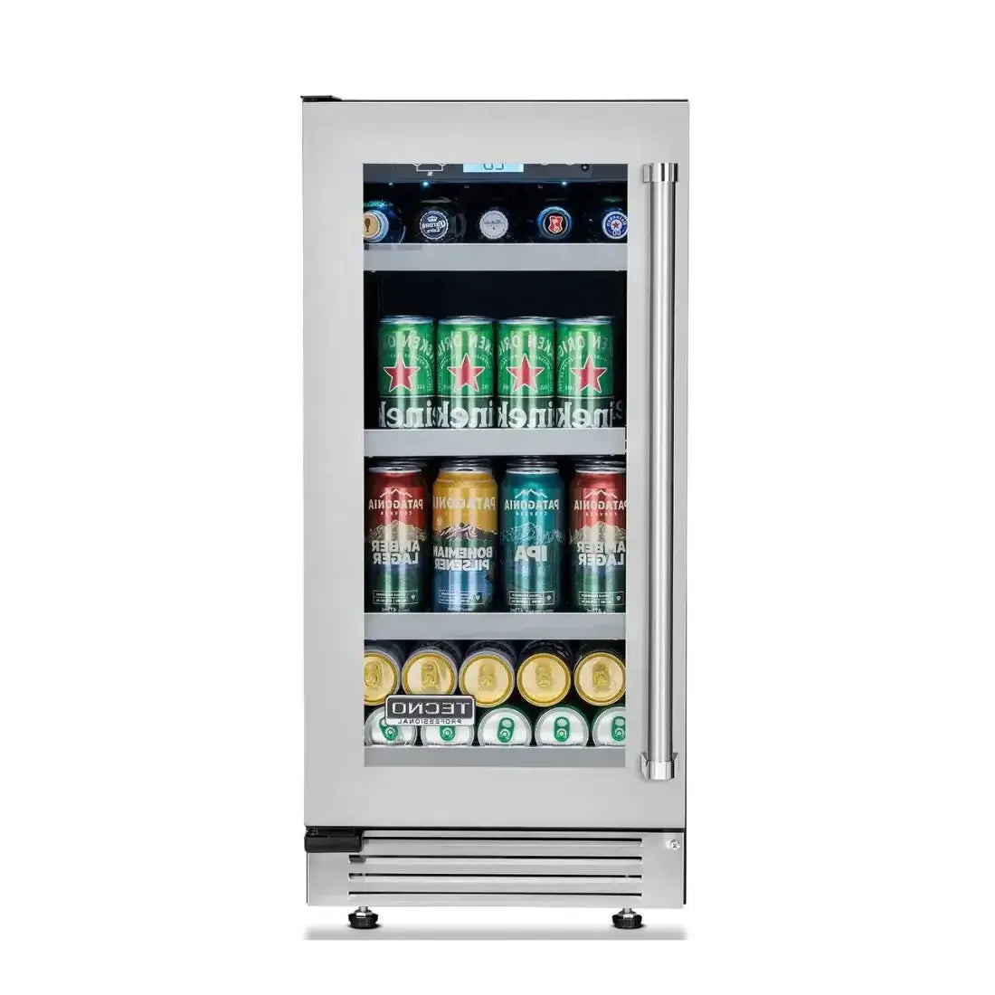 Cervejeira Tecno Professional 80 litros inox 38cm com abertura esquerda e prateleiras exibindo latas de cerveja e bebidas
