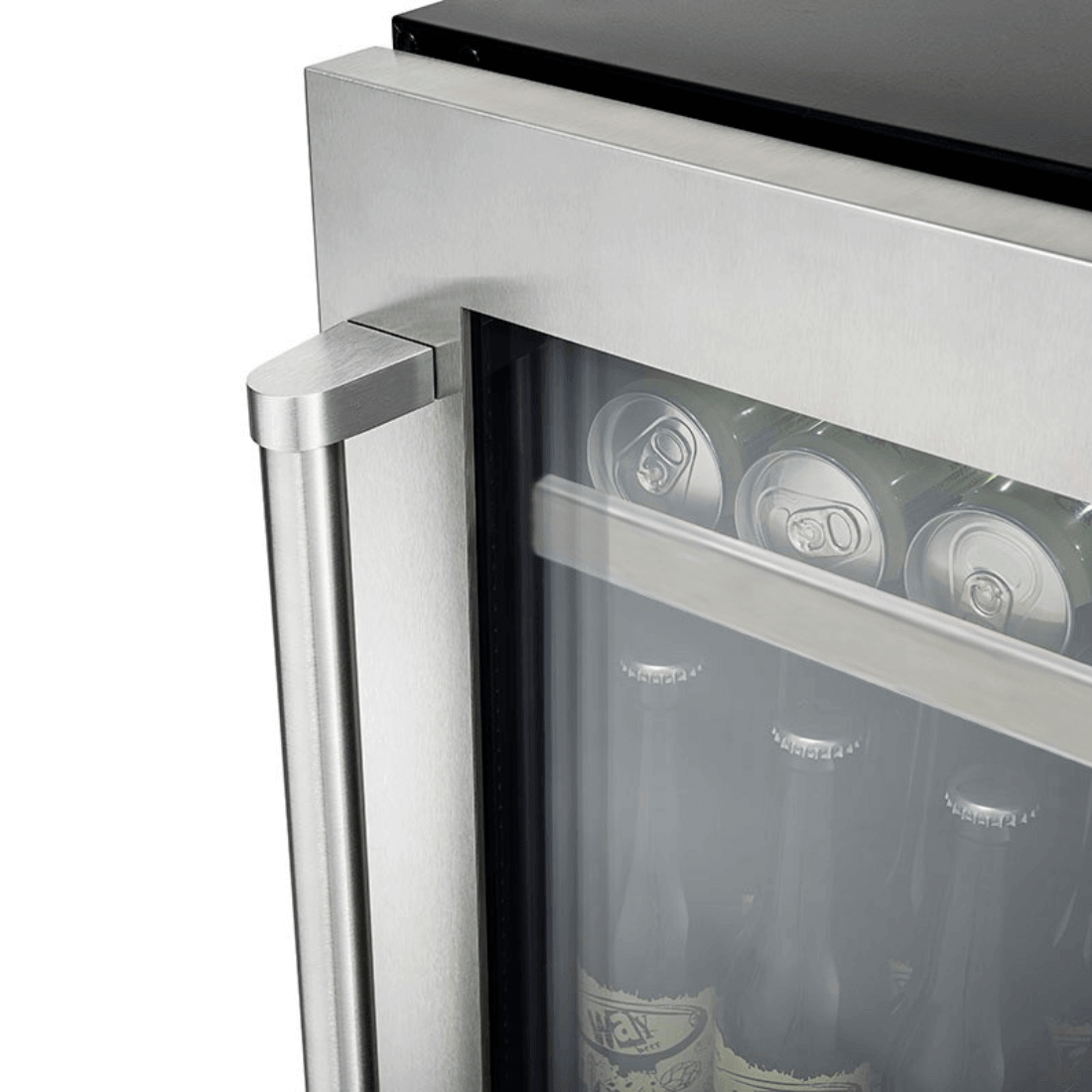 Alt Tag: Cervejeira Tecno Professional 80L inox com porta de vidro e abertura esquerda, detalhe da alça e latas internas