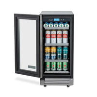 Cervejeira Tecno Professional inox 80L 38cm abertura esquerda com porta de vidro e prateleiras exibindo latas geladas