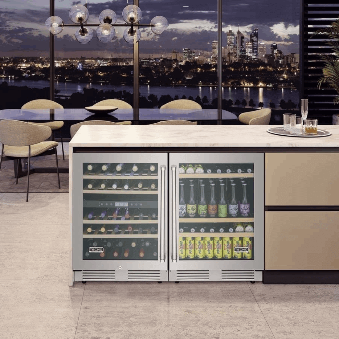 Cervejeira Tecno Professional 136 Litros Inox 60cm - Abertura Esquerda: cervejeira de embutir com dupla porta de vidro, acabamento inox e prateleiras internas