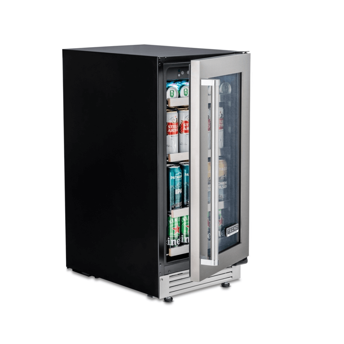 Cervejeira Tecno Professional 80 Litros Inox 38cm - Abertura Direita, beer center preto com porta de vidro, prateleiras inox e iluminação interna